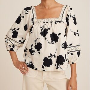 Maurices Floral Crochet Trim Blouse Women 1X White Black Square Neck Puff Sleeve